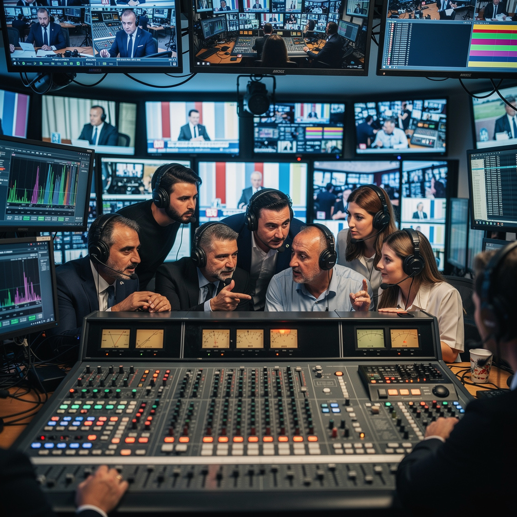 Turkish television crew resolving conflict in a live TV studio control room